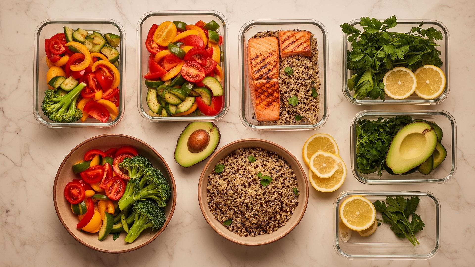 Healthy meal prep spread with fresh vegetables and grains